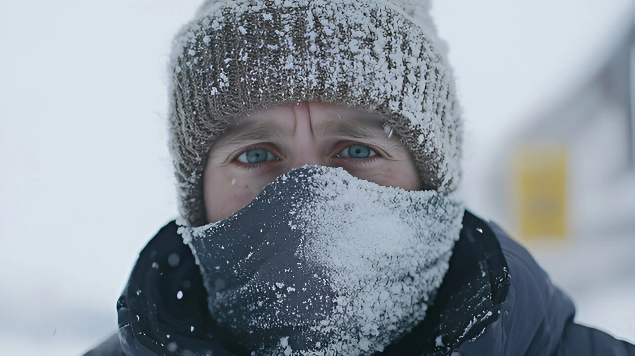 mans face, partially obscured by a snow-covered knit hat and neck gaiter